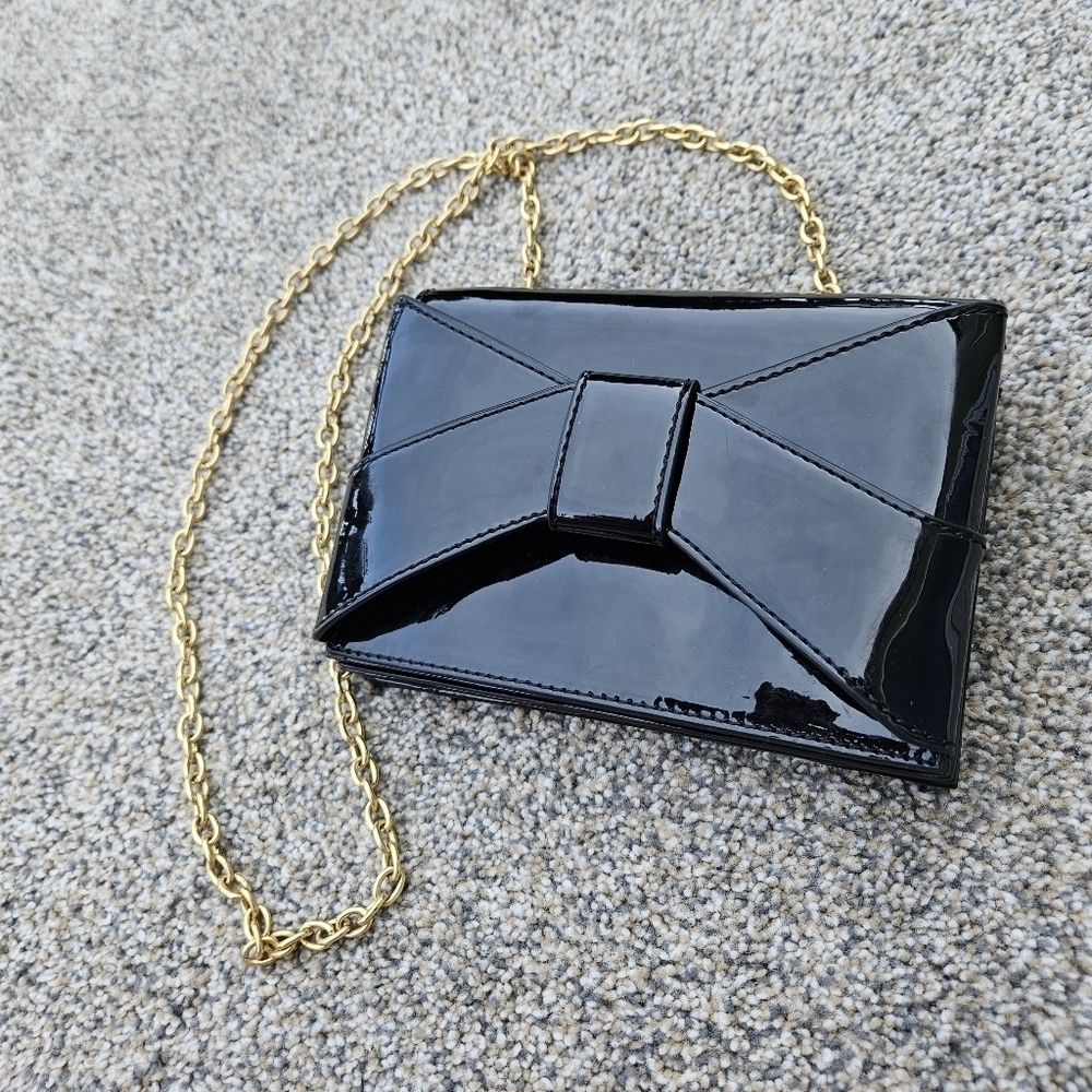 Zac Posen Shirley Bow Patent Leather Black Crossbody Purse Mini Bag Gold Chain